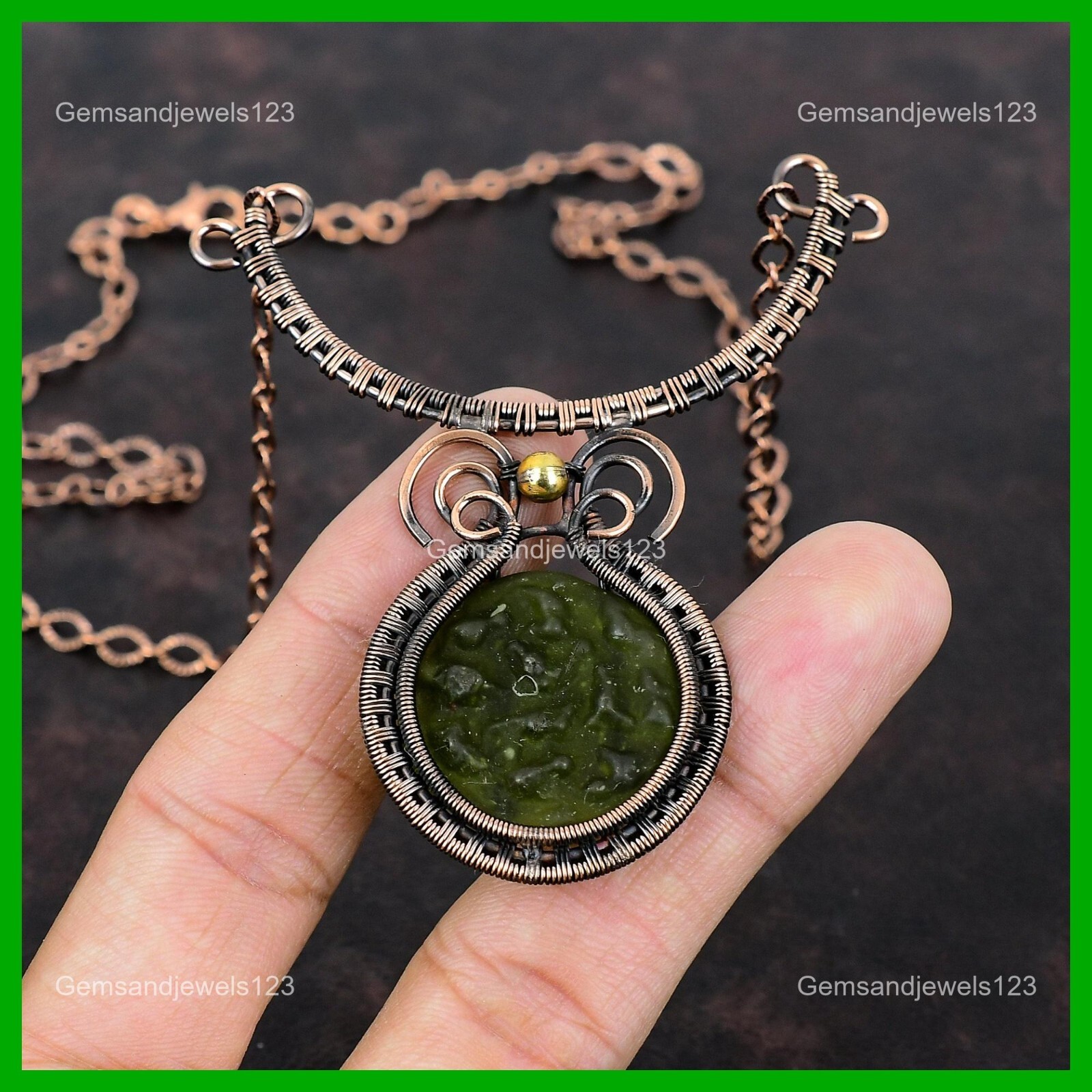 Copper Third Eye Chakra Moldavite Gemstone Sister Wire Wrapped Necklace Jewelry