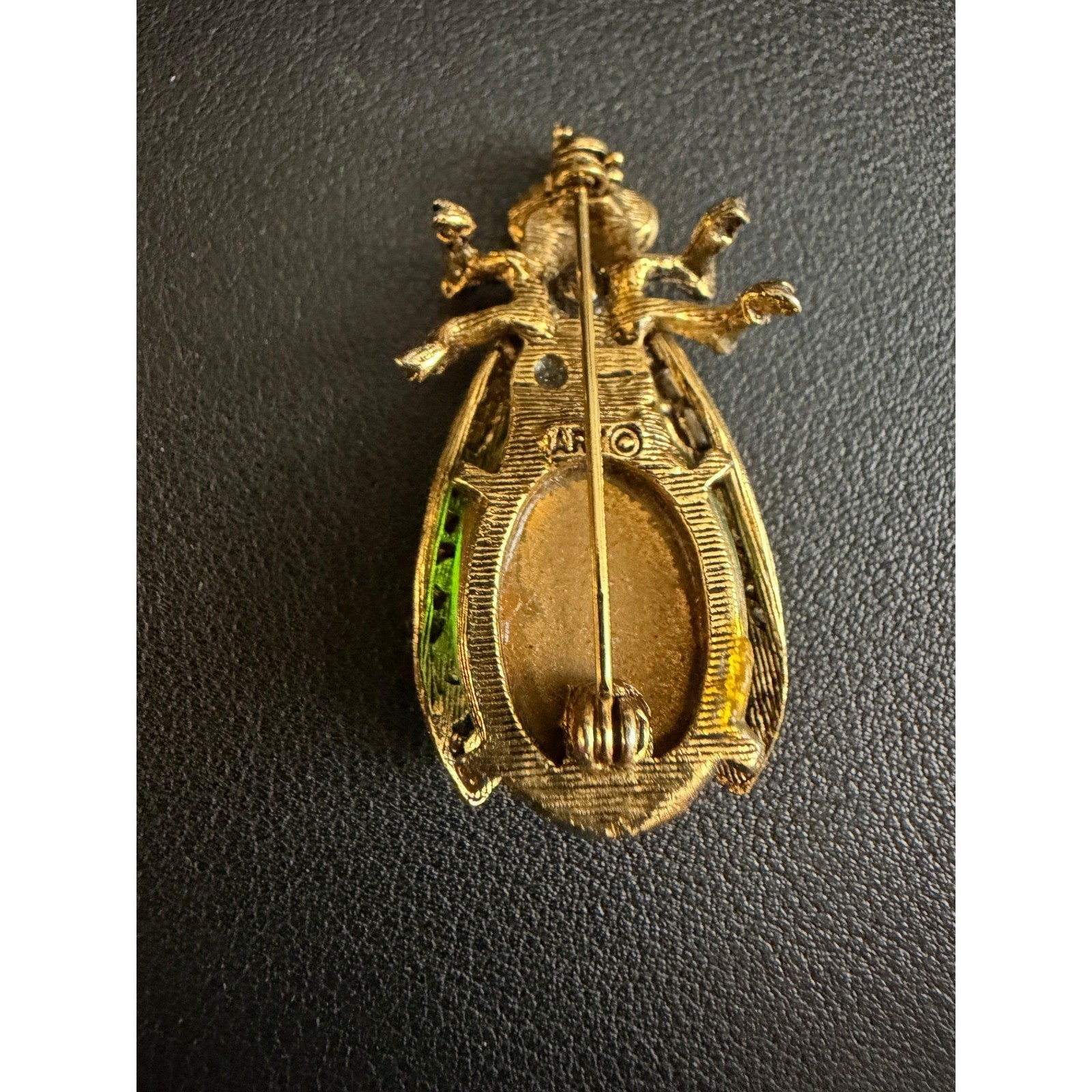 Vintage ART Insect Brooch Arthur Pepper Green Jelly Belly Rhinestone Gold Tone