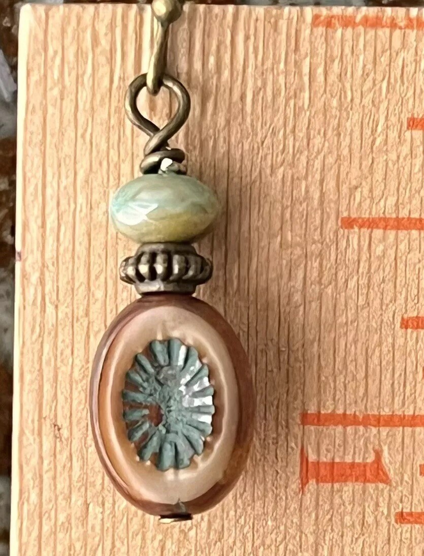 Beautiful Bronze Earrings with Rustic Light Green and Beige Picasso Czech Beads.