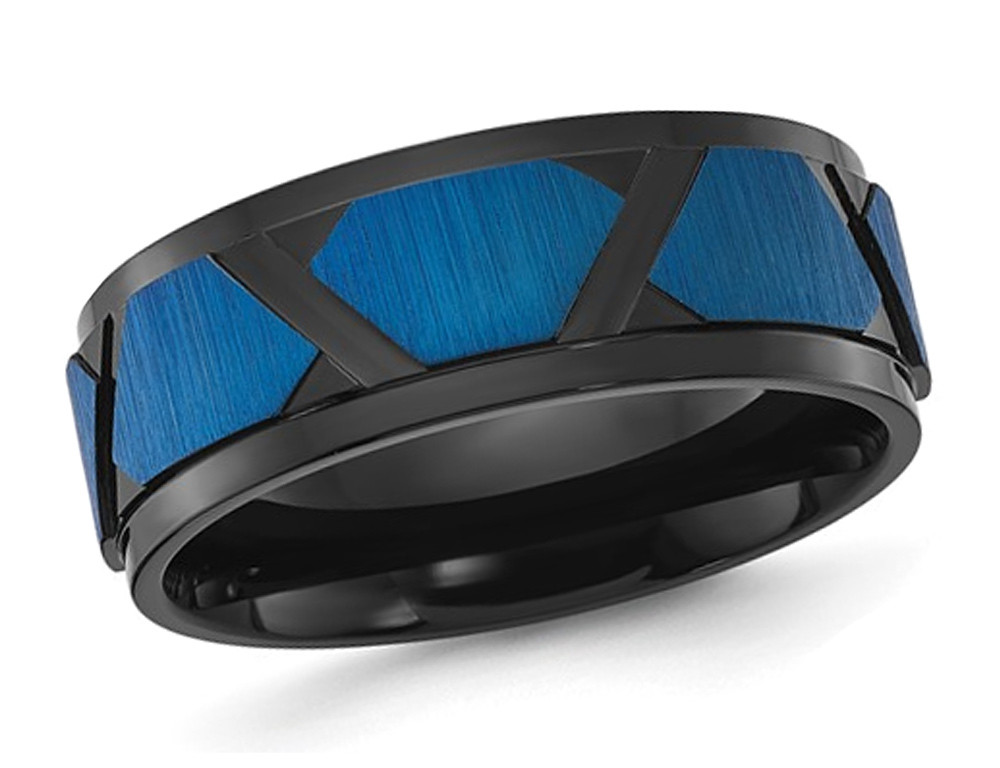 Mens Titanium Polished and Brushed Blue Plating Band Ring (8mm)