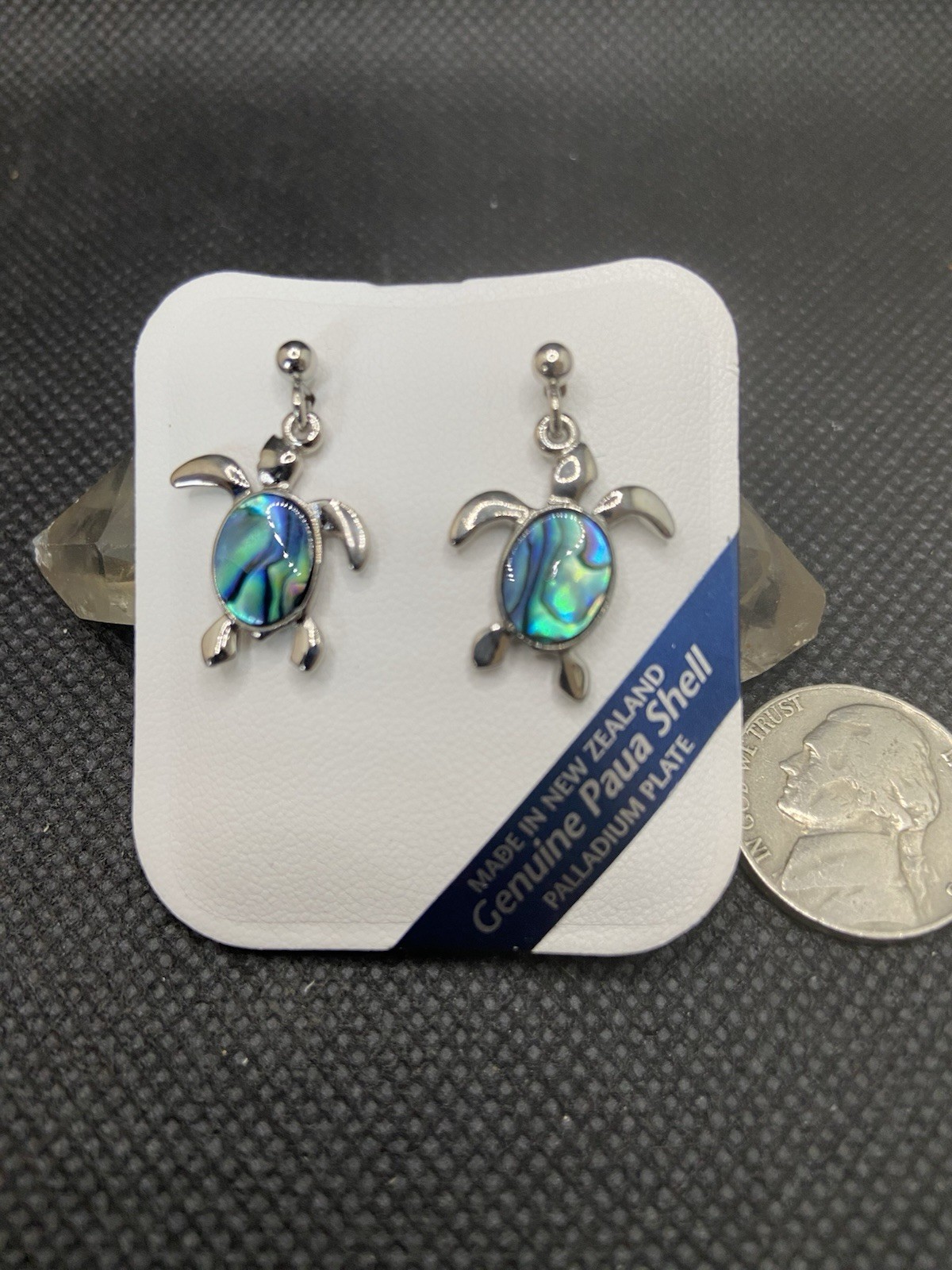 Vintage Palladium Plated Stud Dangle Sea Turtles Genuine Paua Shell Earrings