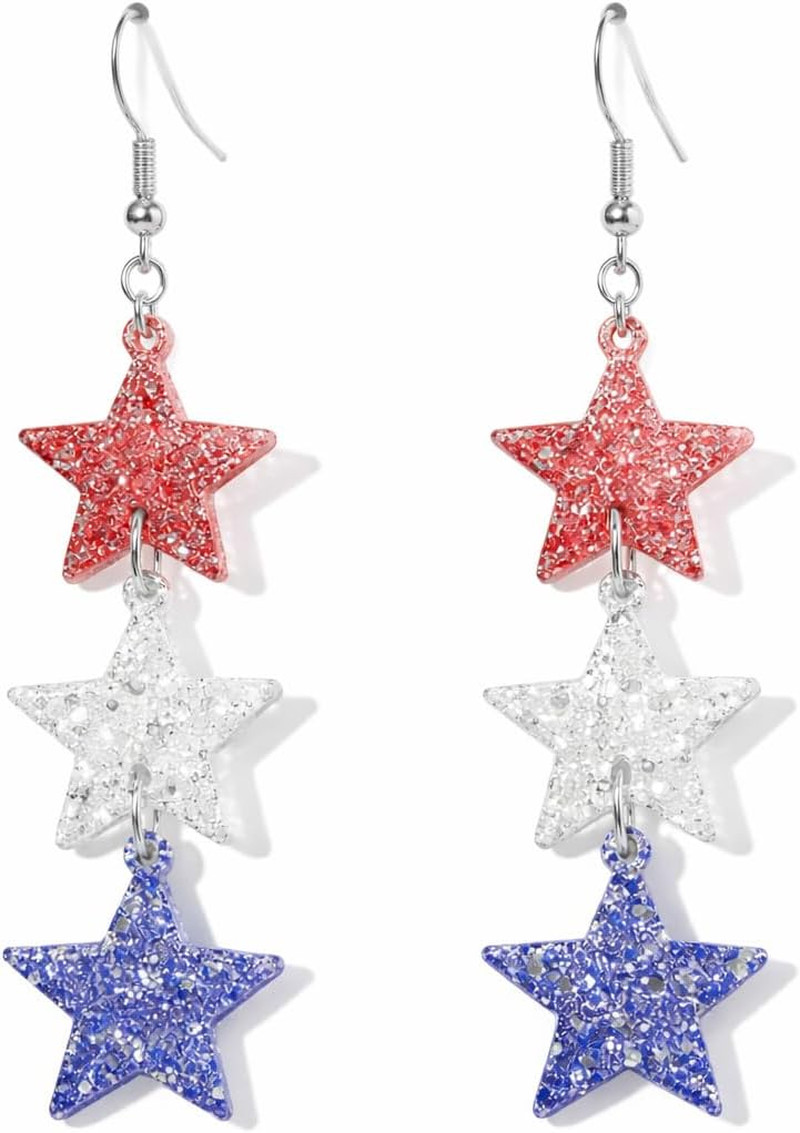 4Th of July Star Dangle Earrings for Women Red White and Blue Patriotic Drop Ear