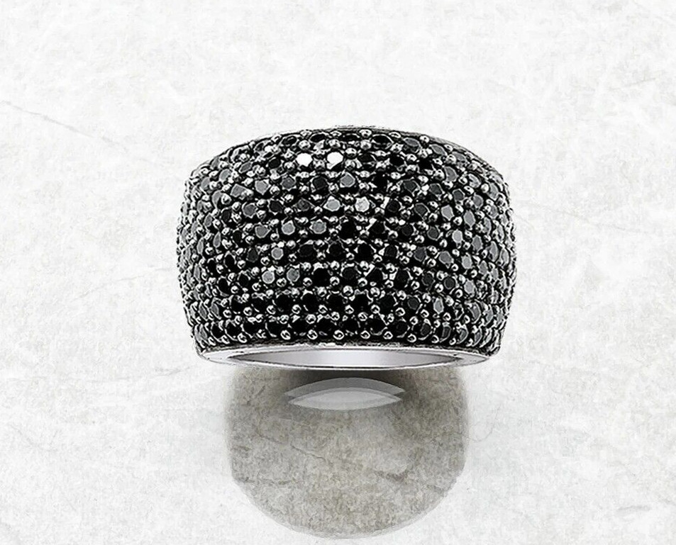 925 Sterling Silver Pave Set Black Onyx Wide Band Accents Ring sz 7 or 8 or 9