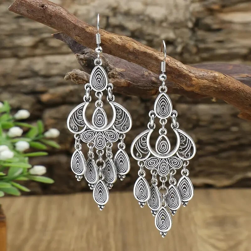 Boho 925 Sterling Silver Vintage Style Tibetan Tibet Dangle Drop Hook Earrings