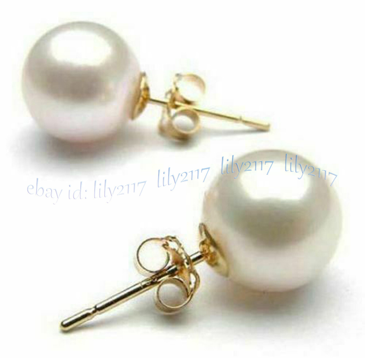 PERFECT AAA++ NATURAL REAL WHITE ROUND PEARL STUD EARRINGS 14K GOLD
