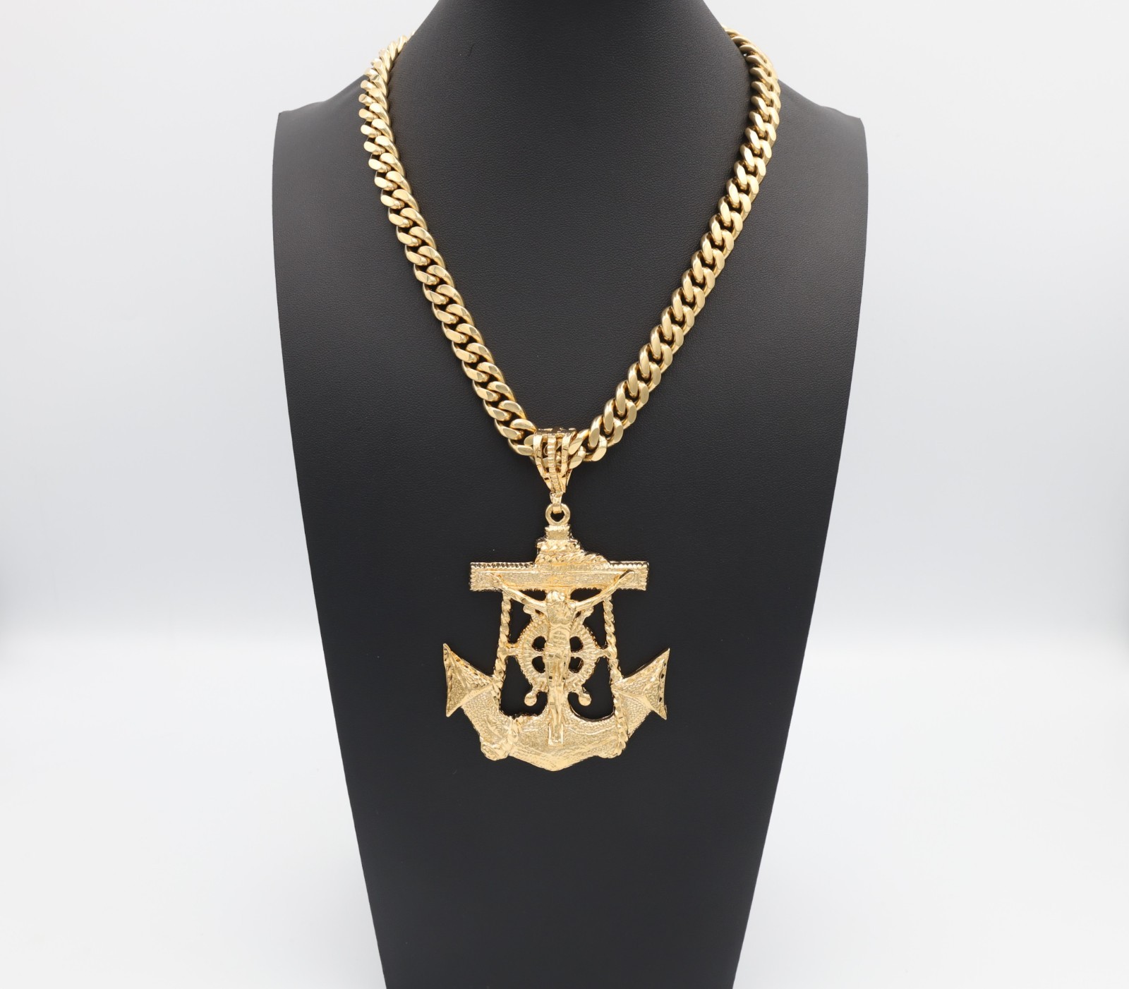 Large Gold Anchor Jesus Necklace 10mm Cuban Chain 14K Heavy Plated Gold