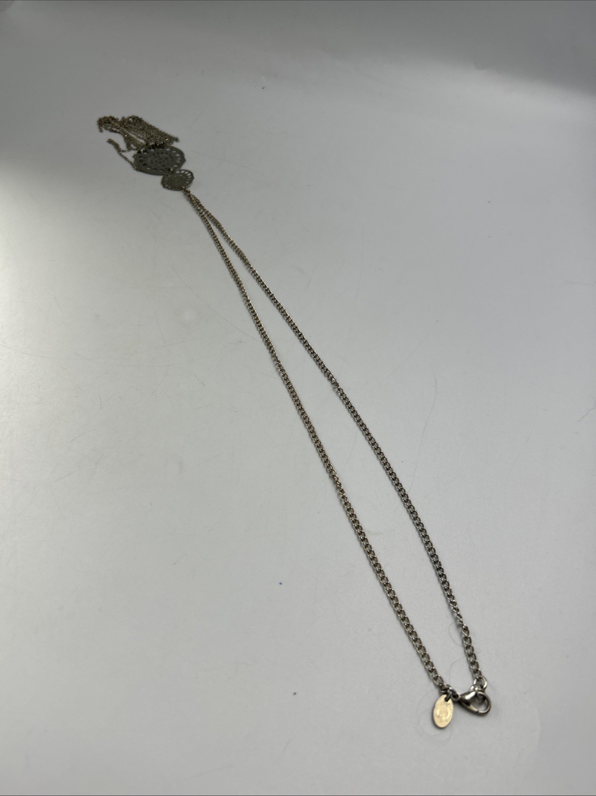 Silver Tone Filigree Pendant Tassle Y-Drop Chain Necklace