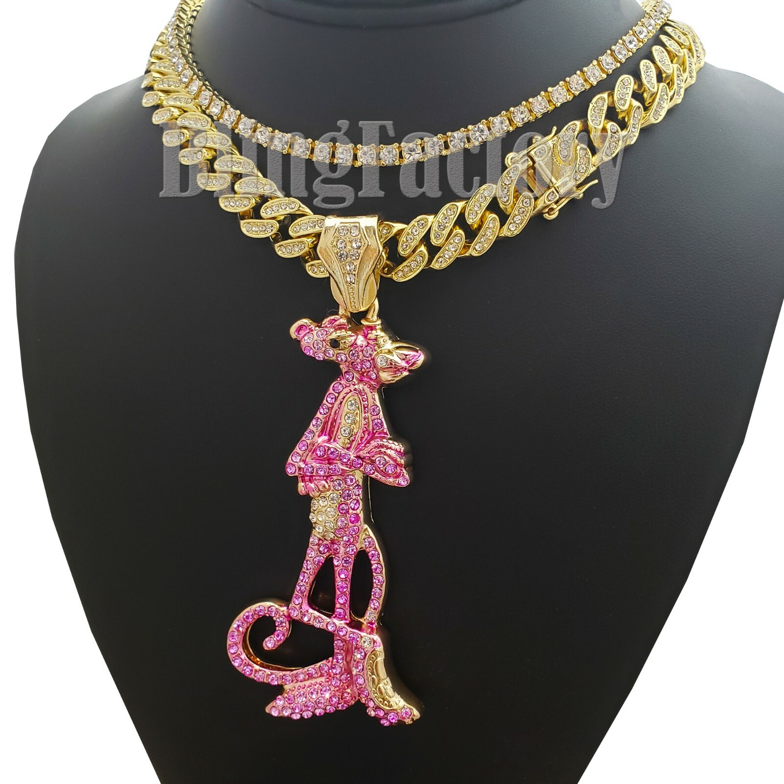 Hip Hop PINK PANTHER & 12mm 18″ Iced Cuban & 1 Row Tennis Choker Chain Necklace