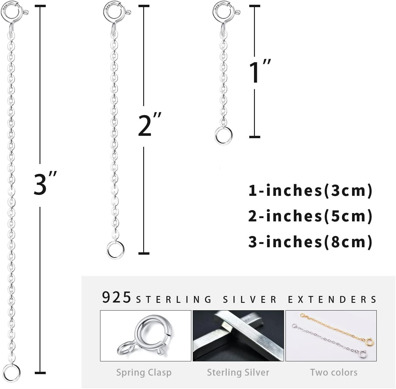 3 Pcs 925 Sterling Silver Necklace Extender, Durable Chain Extenders, Necklac…