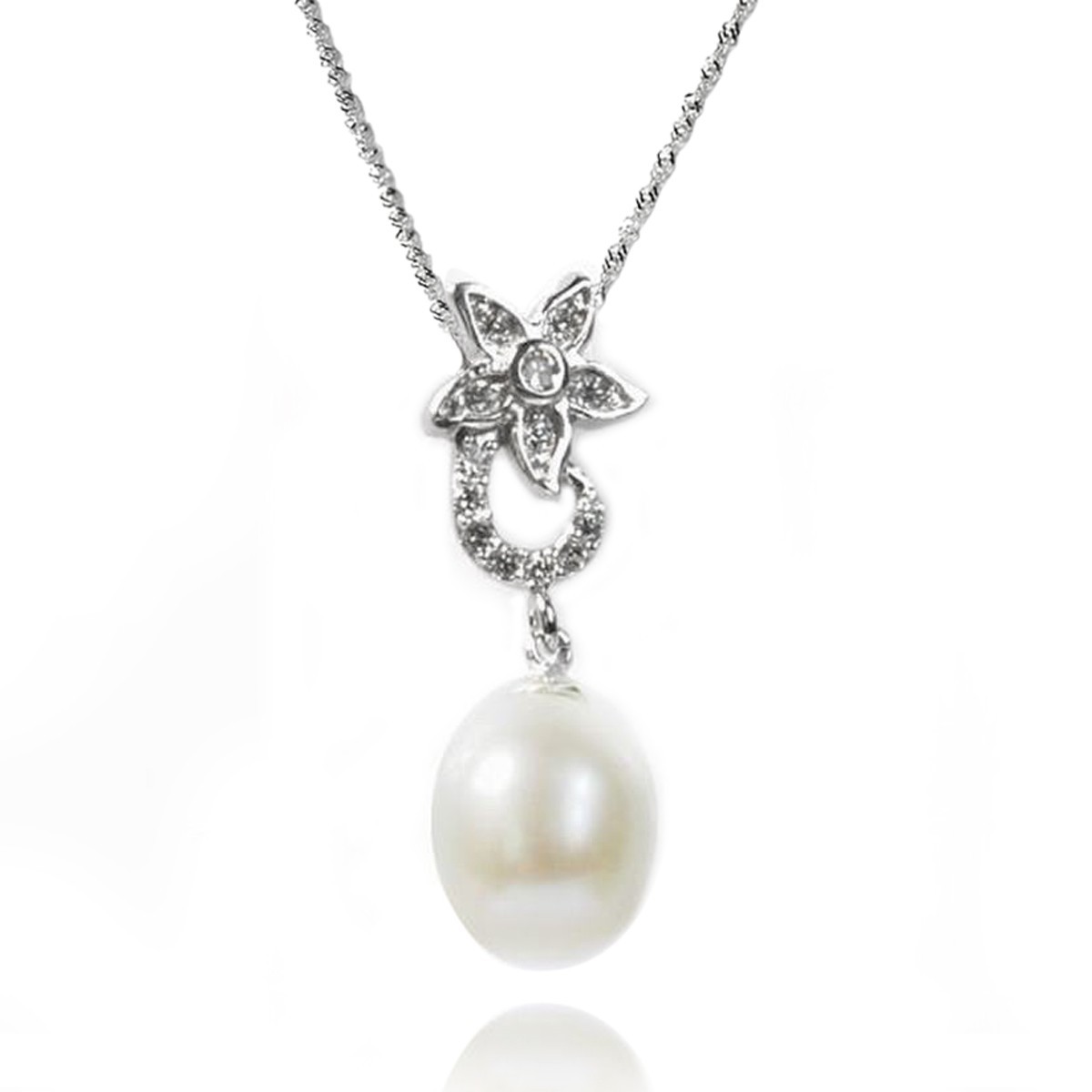 De Buman 3.00ctw Cultured Pearl & CZ Flower Solid 925 Silver Necklace 18 INCH