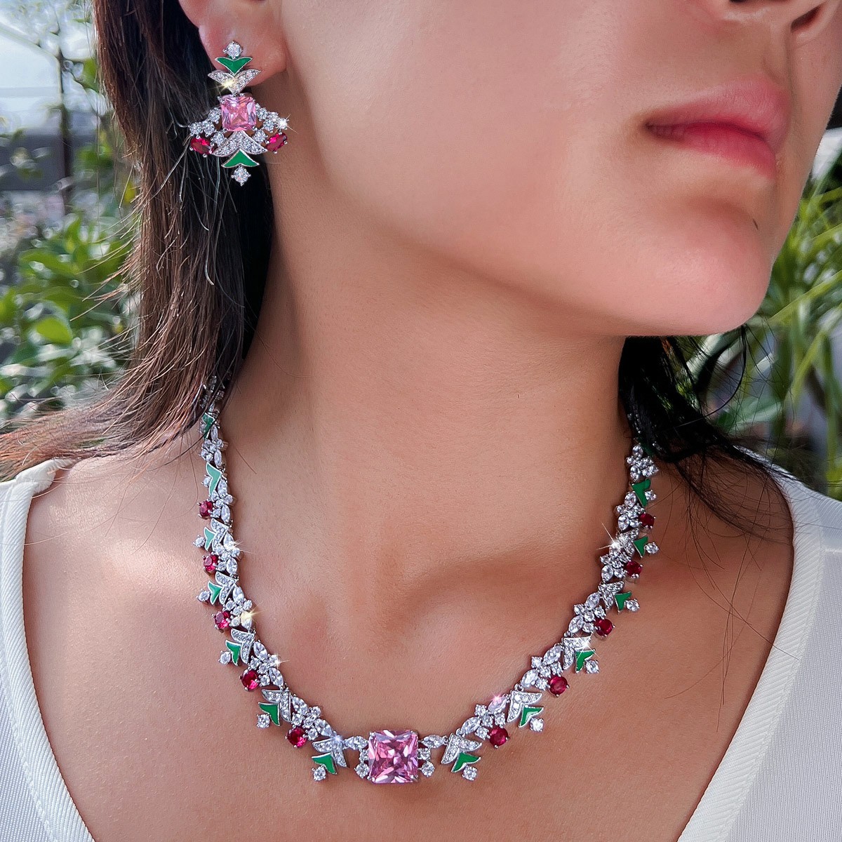 Christmas Tree Drop Earrings and Necklace Silver Plated Zircon Party Jewelry Set