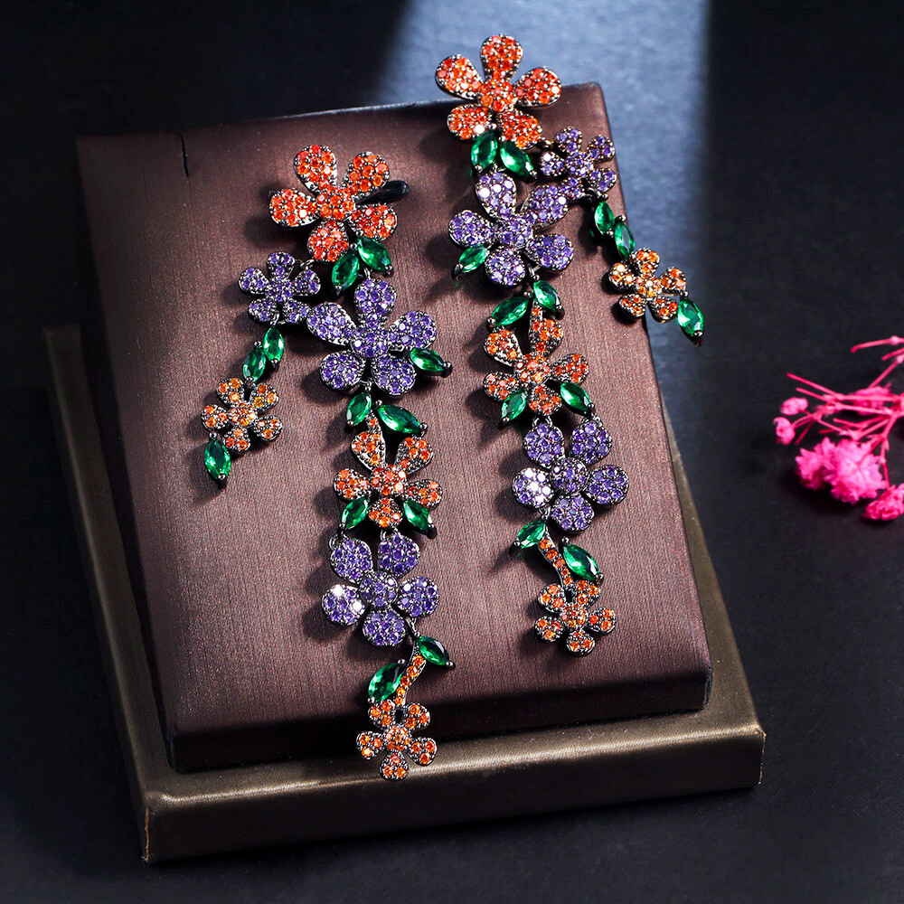 Cubic Zircon Flower Multicolor Leaf Dangle Drop Black Gold Plated Women Earrings