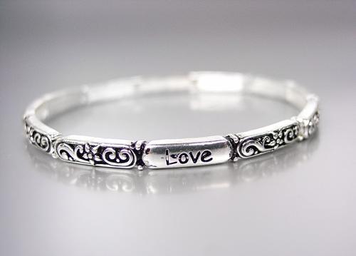 INSPIRATIONAL Thin Silver Black Filigree LIVE LAUGH LOVE Heart Stretch Bracelet