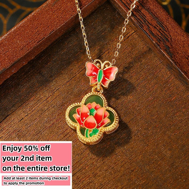 Jade Carved Flower Pendant Necklace Charm 18K Gold Plated Chain Dainty Gemstone