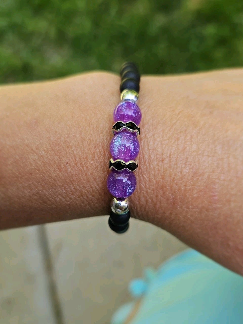 Black Purple Silver Round Beaded Stretch Bracelet Stackable Sizable Fit