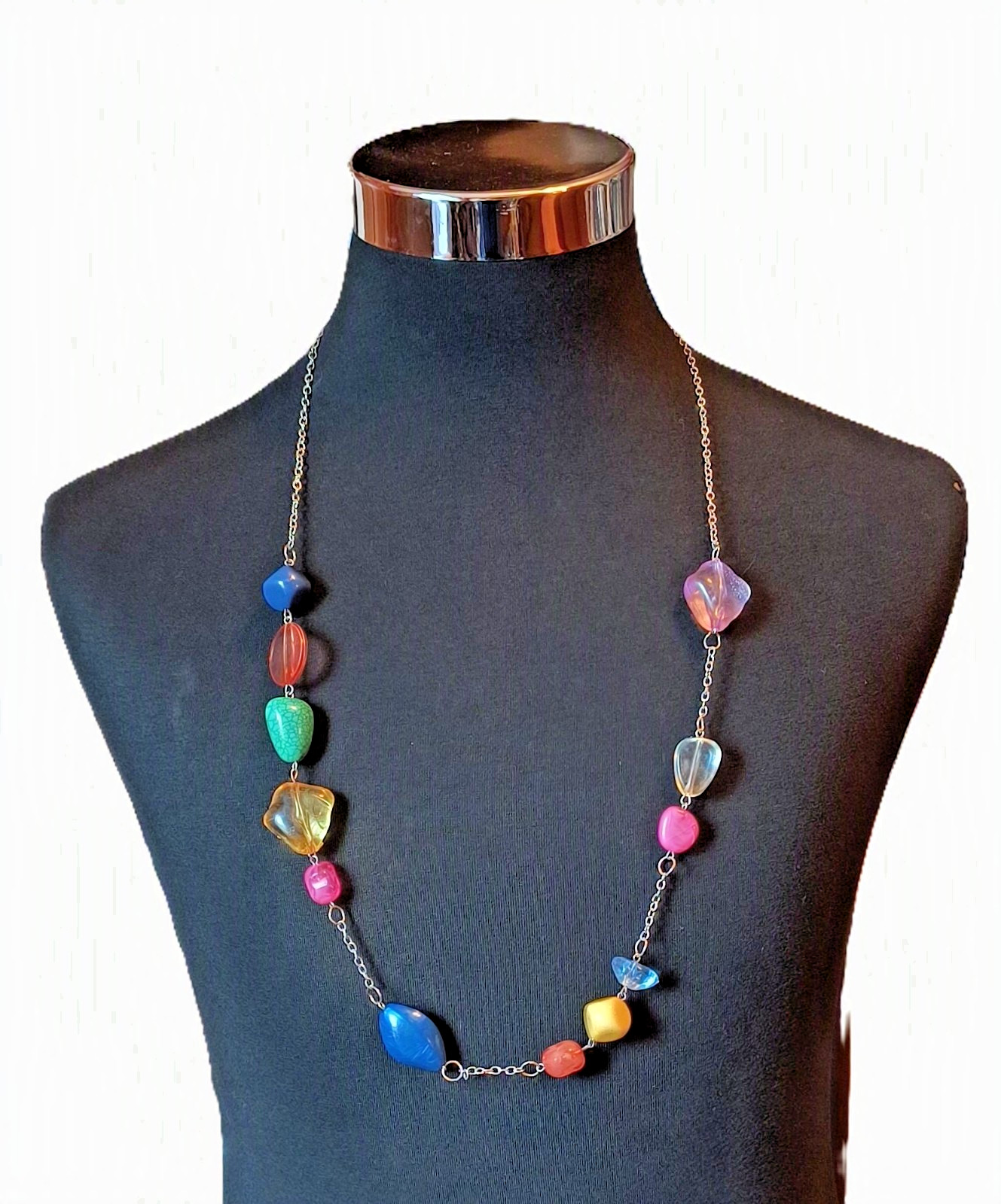 Multicolor Acrylic Beaded Statement Necklace Silvertone Chain