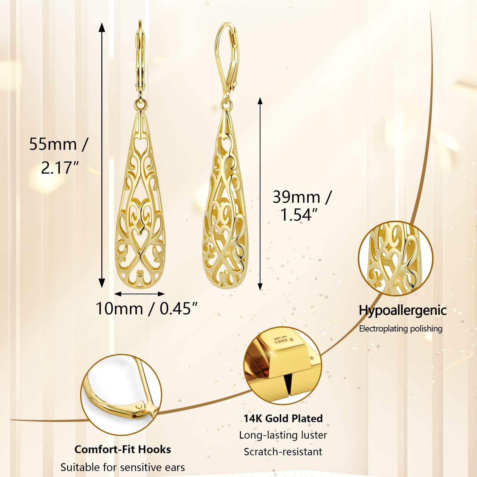 Gold Long Filigree Teardrop Dangle Earrings for Women