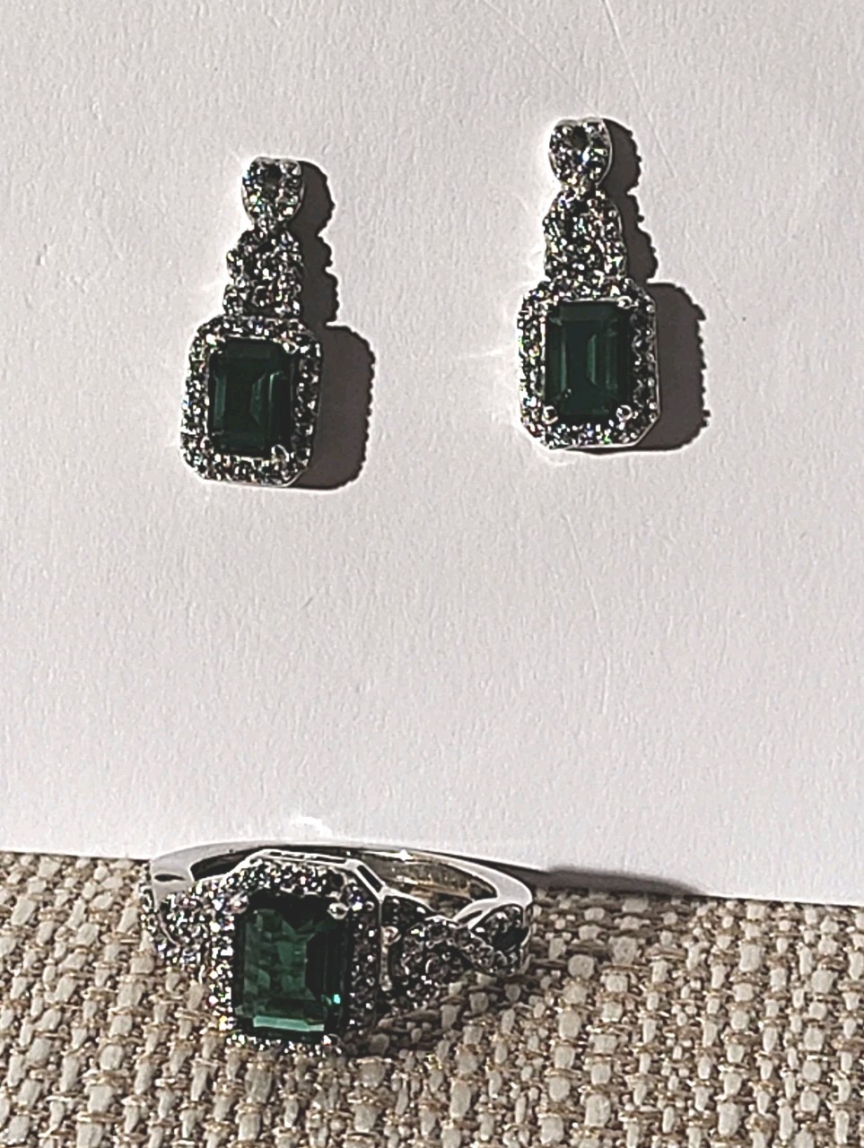 BR SUN Maker’s Mark Silvertone Emerald, Crystal Earrings & Ring