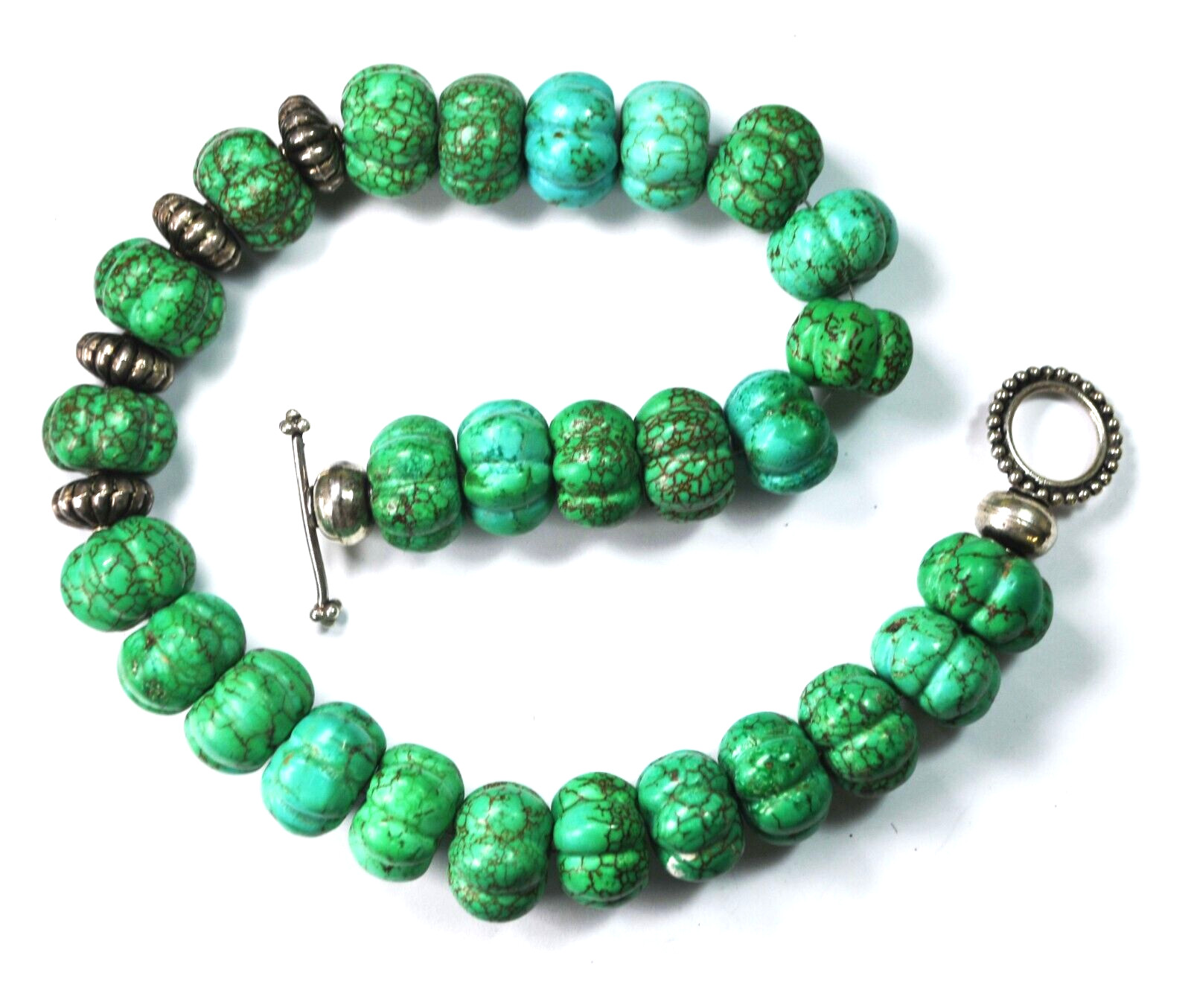 Silver Tone Turquoise Green Pumpkin 21mm Bead Toggle 18″ Necklace