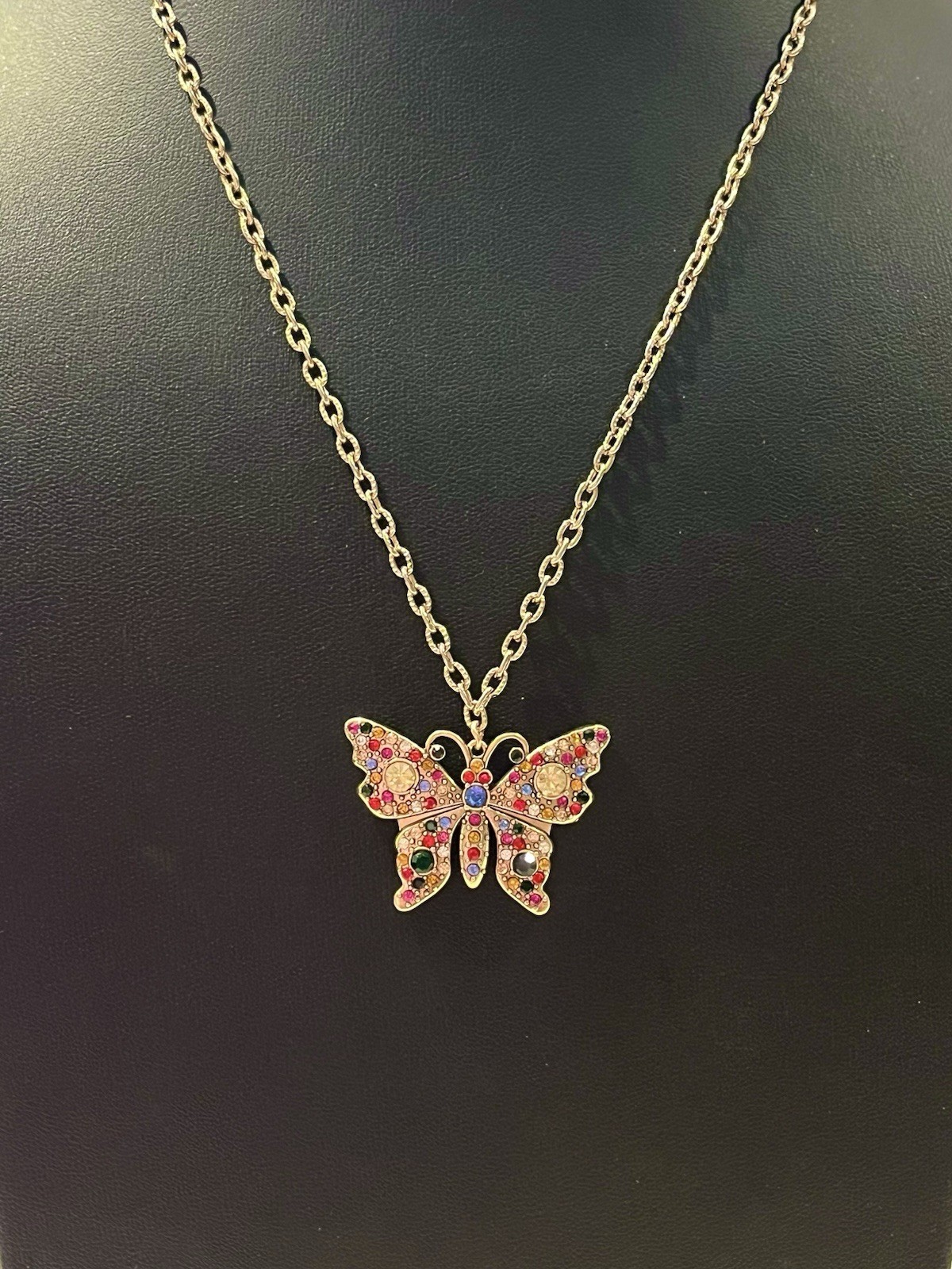 Butterfly Multi Color Zipper Pull Charm On Gold Tone Necklace