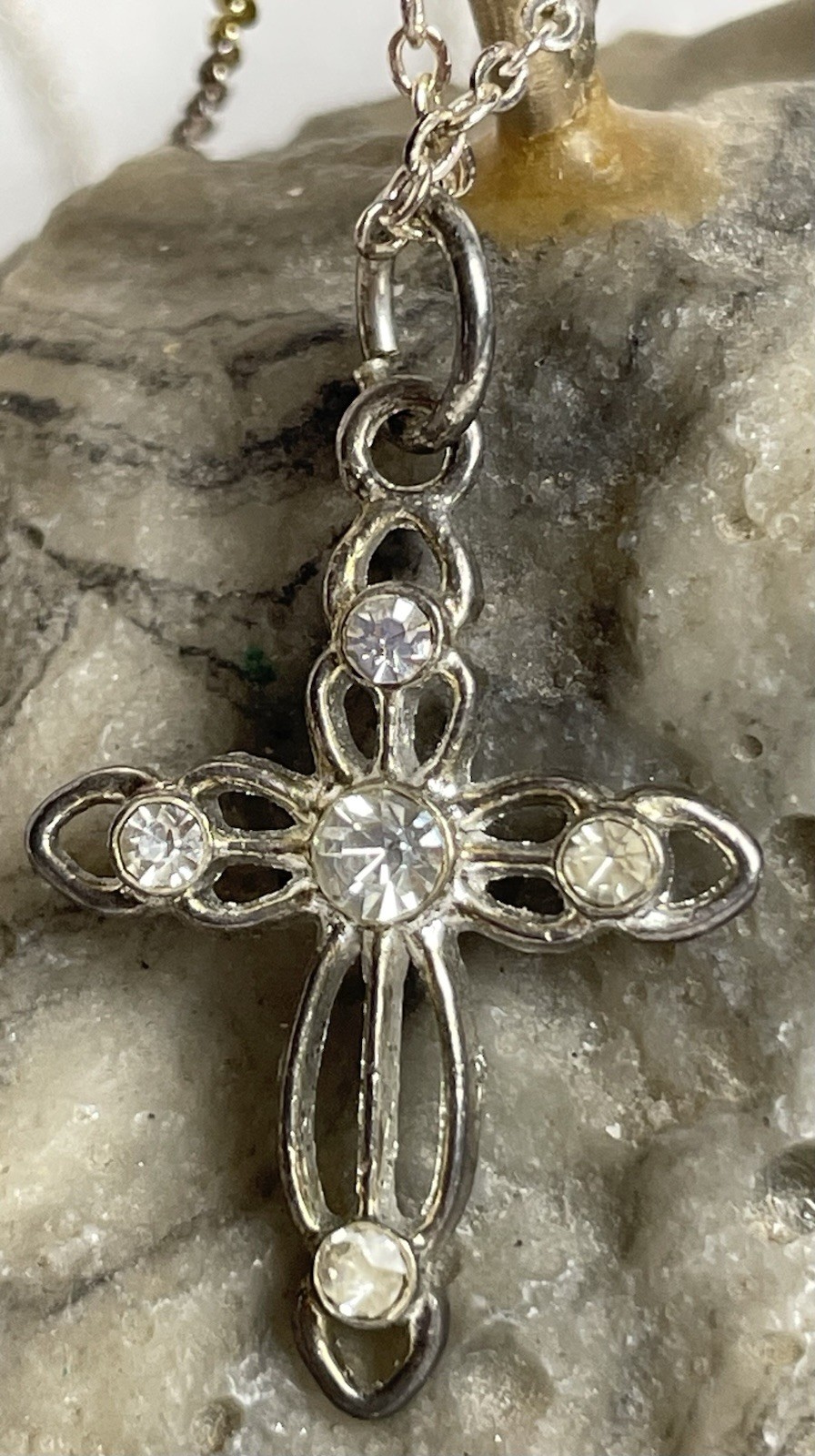 3 Silver Gold Tone Layered Necklaces 16-22” Flower Cross Pendant Rhinestones