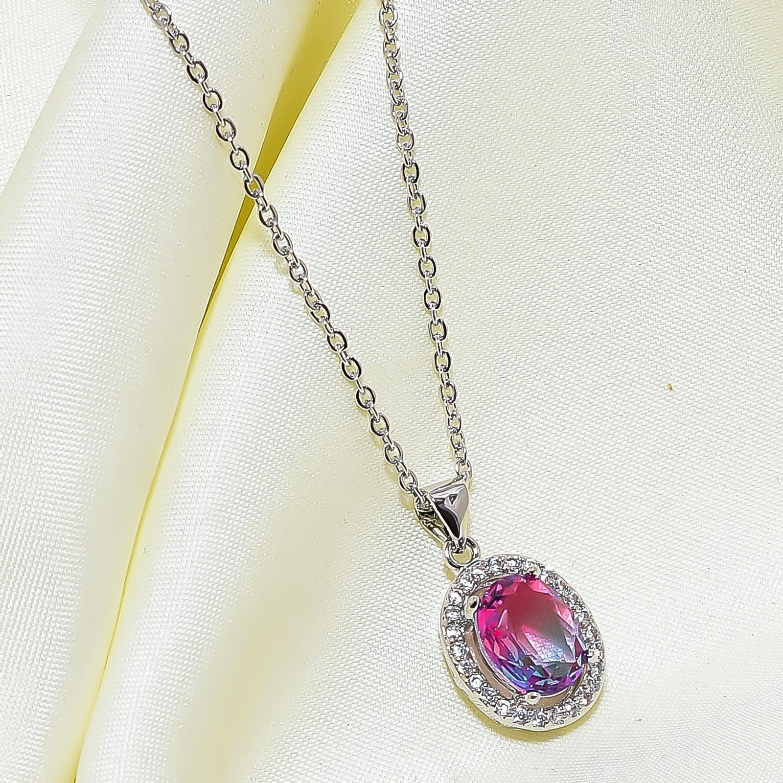 Pink & Purple Bi-Colour Tourmaline & Cz 925 Silver Pendant Chain 18-20″ CP6030