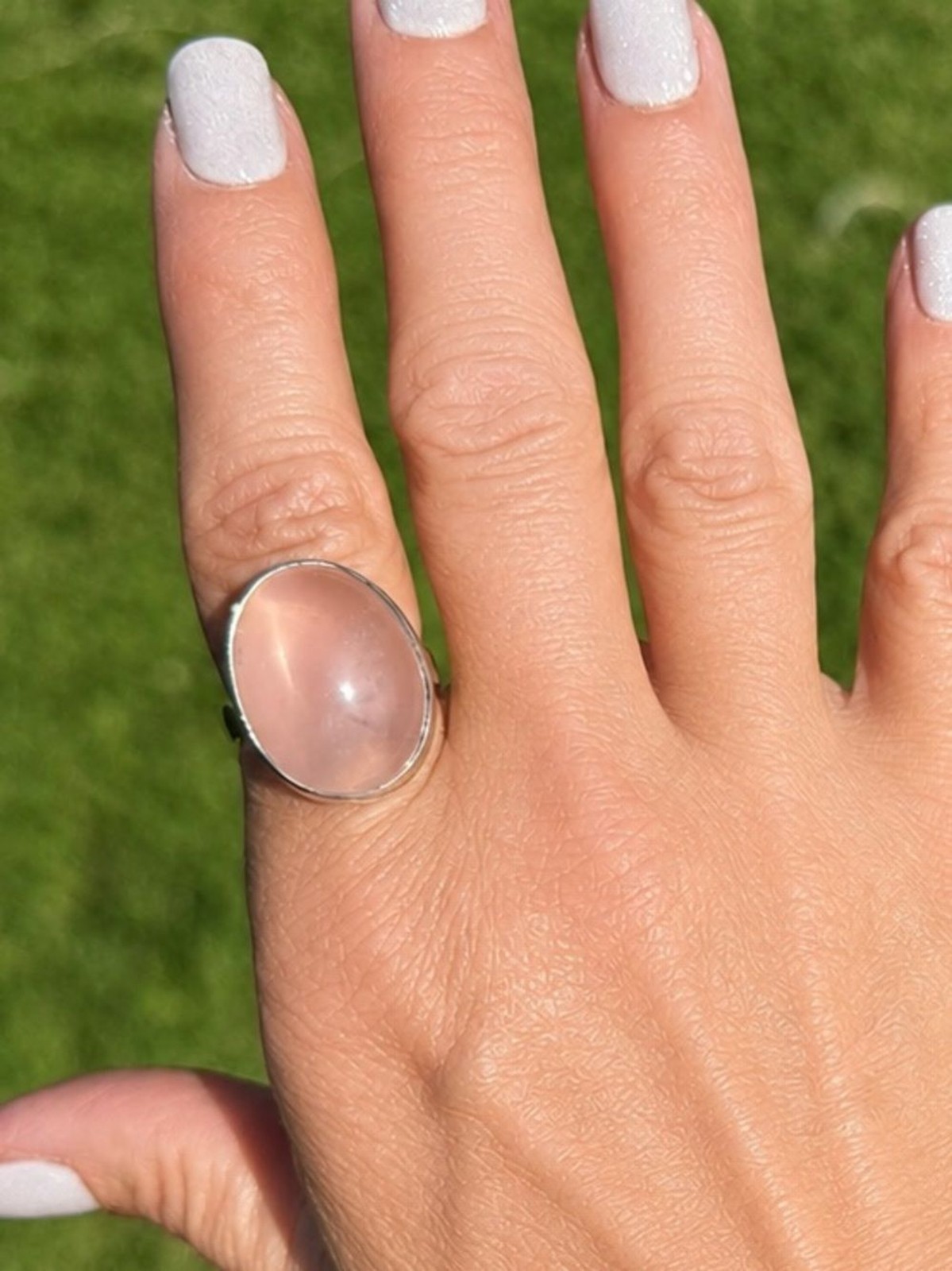 Rose Quartz Oval Statement Ring – Soft Pink Gem Size 7