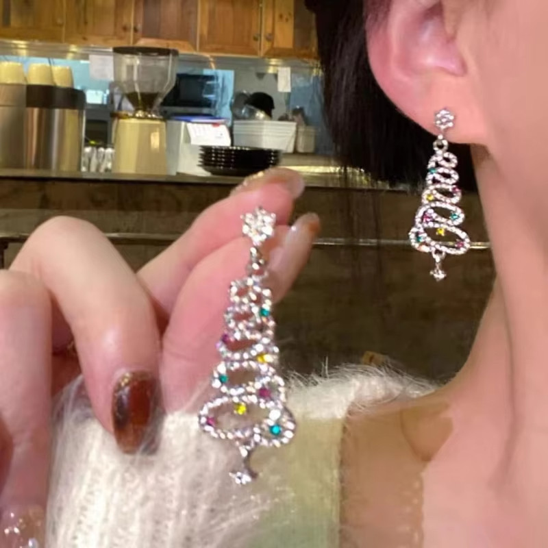 2025 Xmas 925 Silver Crystal Christmas Tree Earrings Drop Dangle Women Jewelry