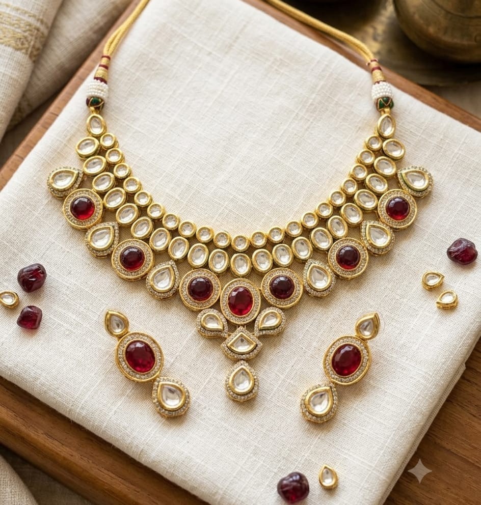 4 in 1 Kundan Bridal Necklace Set Gold Plated Pearl Wedding Jewelry Women