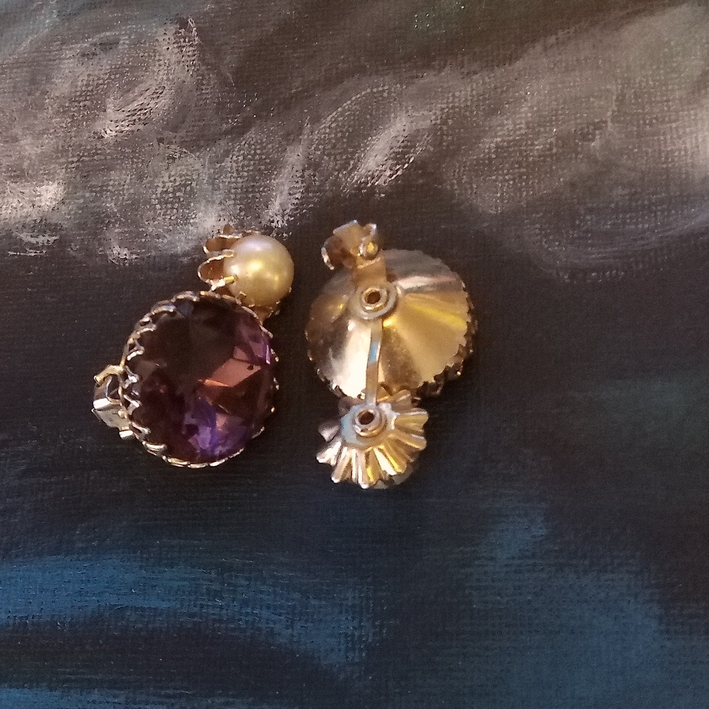 Gold Tone Clip-On Stud Earrings Purple Round Stone with Faux Pearl Drops