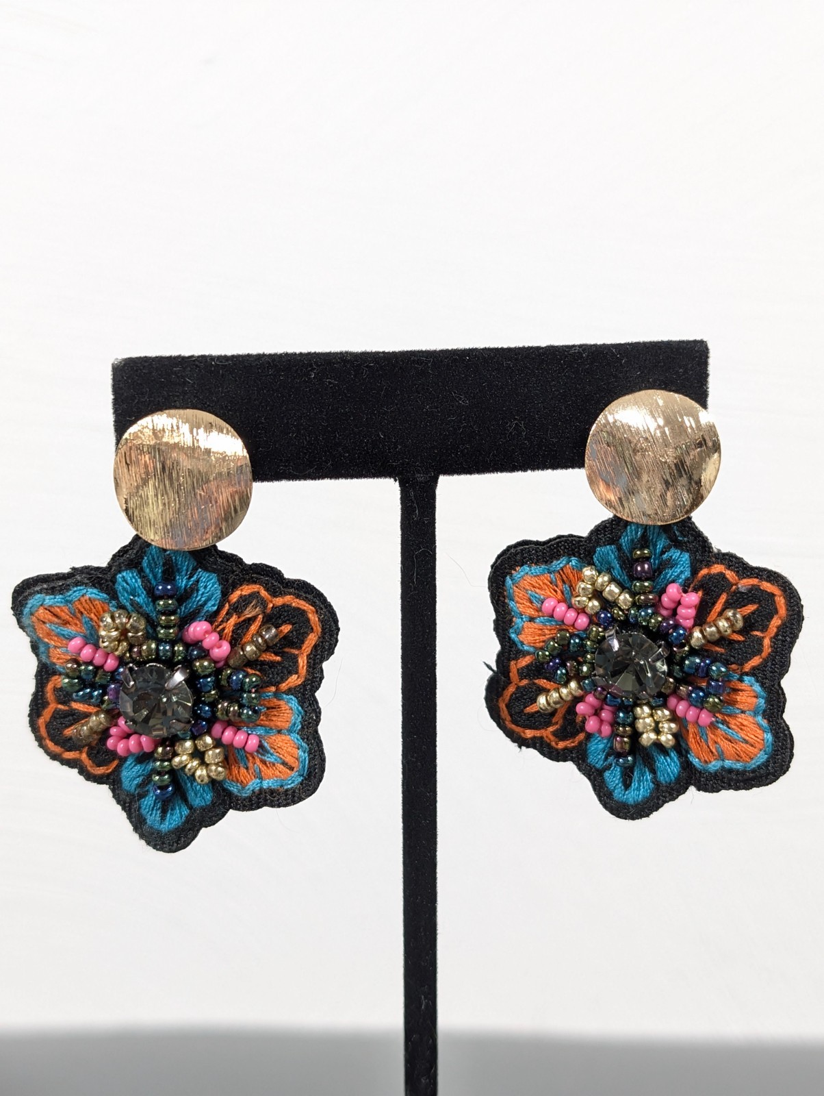 Boho Floral Beaded Statement Earrings Blue Orange Embroidered Fabric Dangle