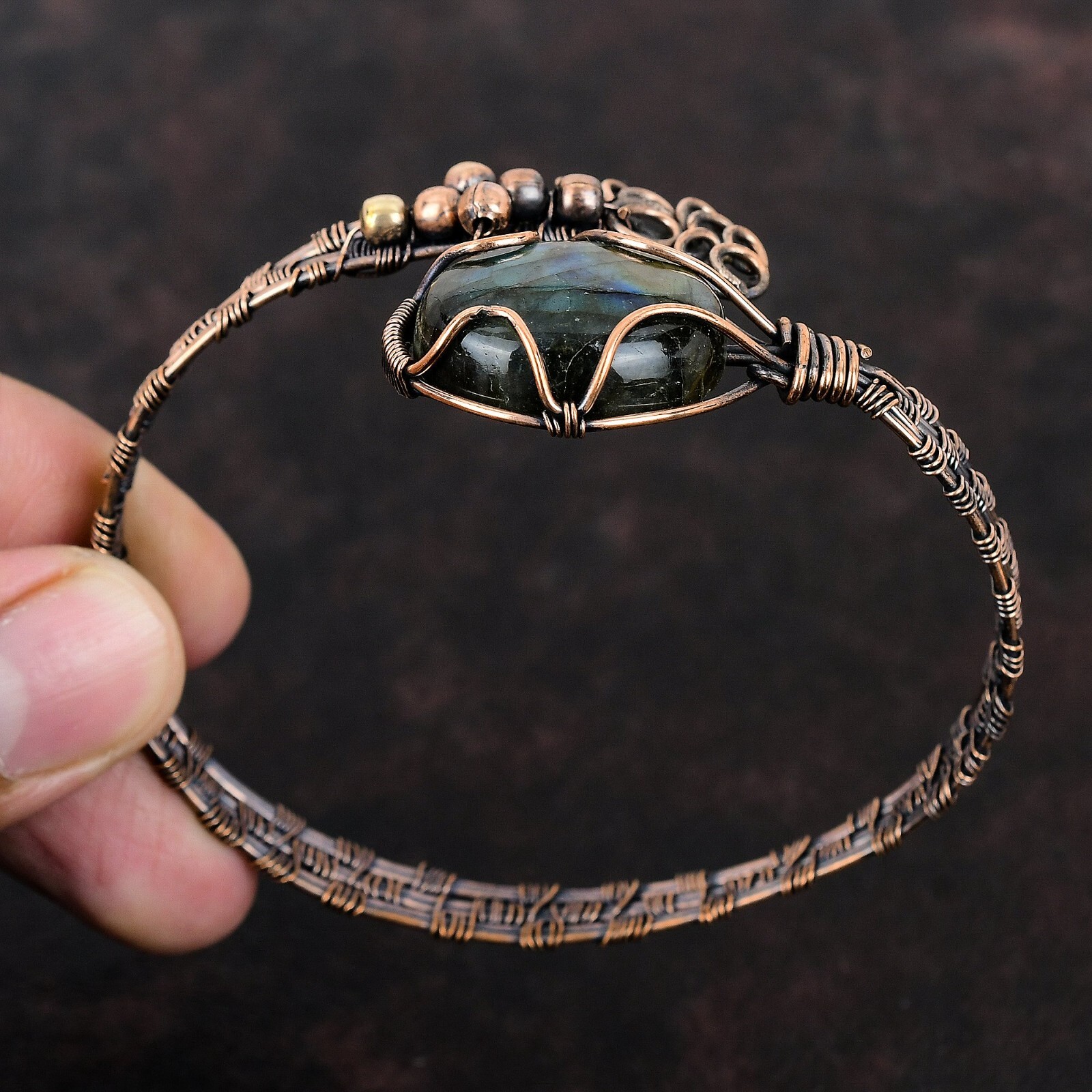 Labradorite Copper Gift For Bridesmaid Wire Wrapped Adjustable Bangle
