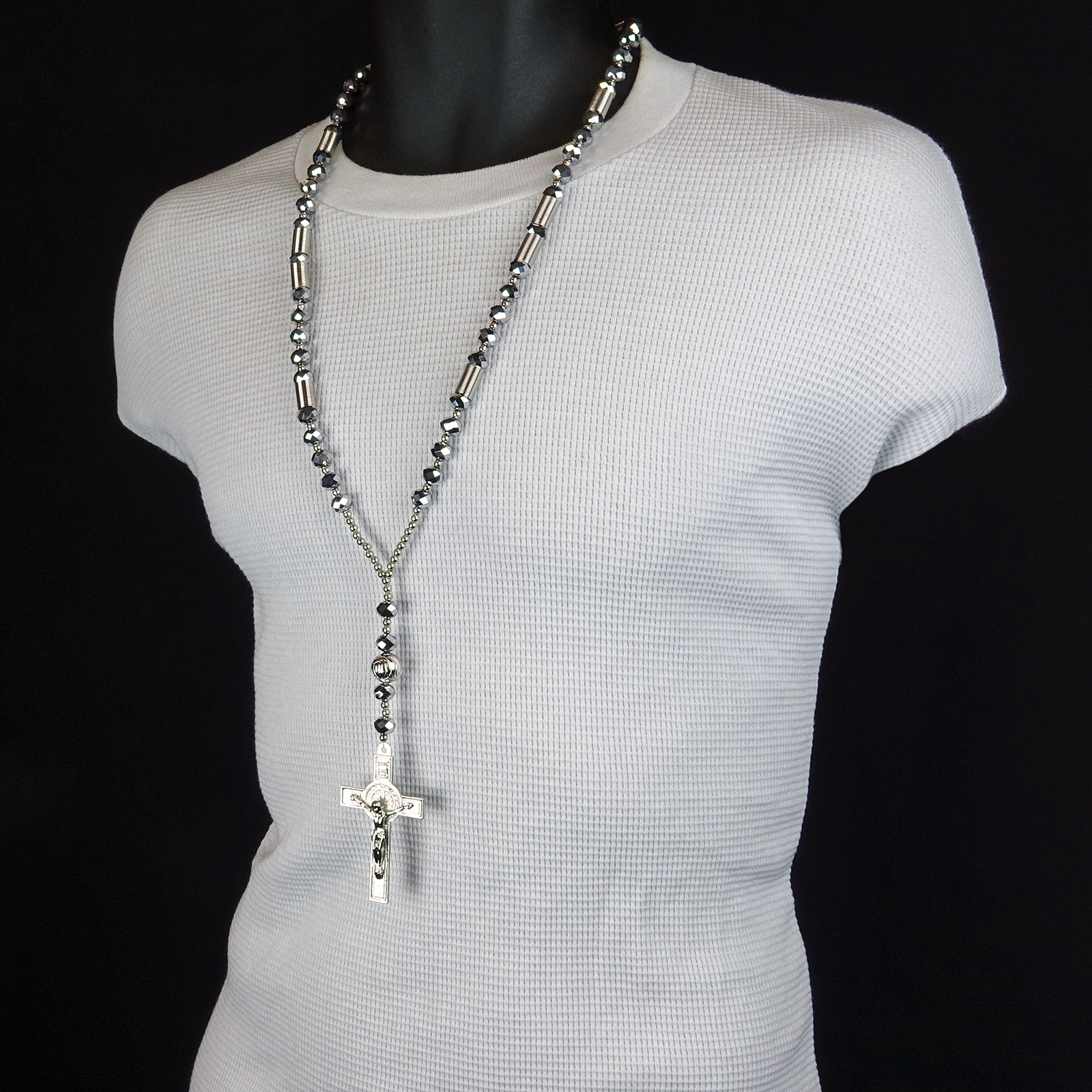 Men Hip Hop 8mm SILVER & GRAY Crystal Glass Cut Rosary Jesus Cross COIL Necklace