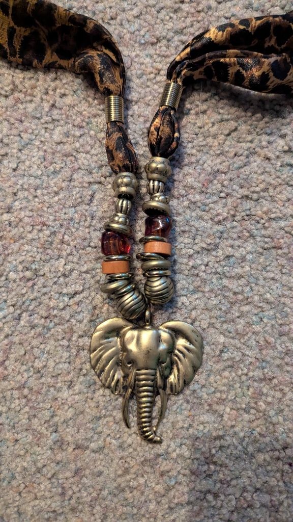 Boho Elephant Head Pendant Necklace Leopard Print Fabric Cord Beaded Tribal