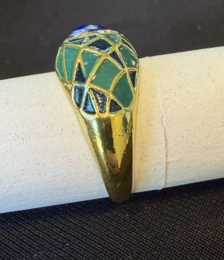 Gold Tone Green Enamel Dome Cocktail Ring Blue Round Crystal Bezel Size 7.75