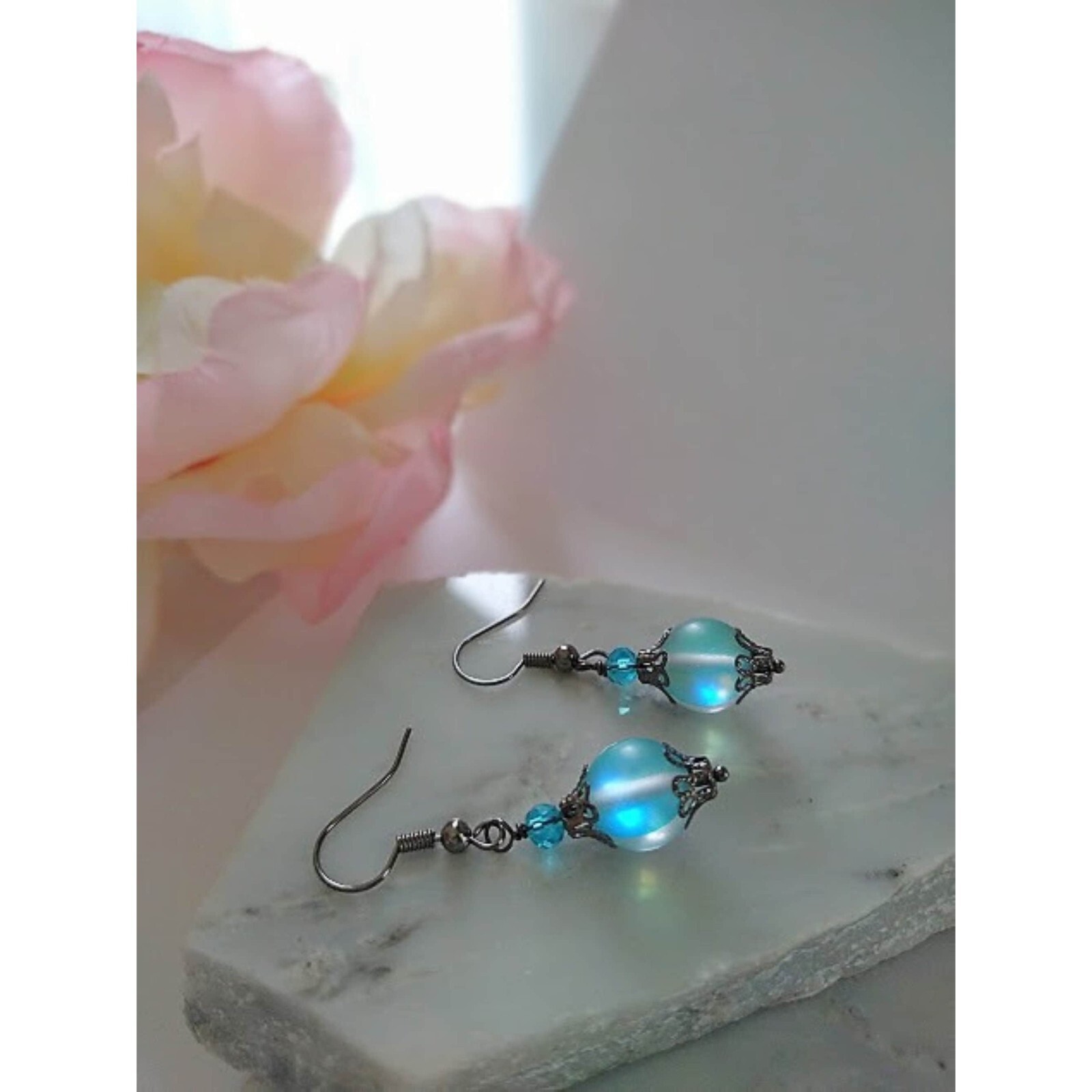 Mermaid Glass Dangle Earrings, Bridal Earrings, Bridesmaid Earrings, Handmade