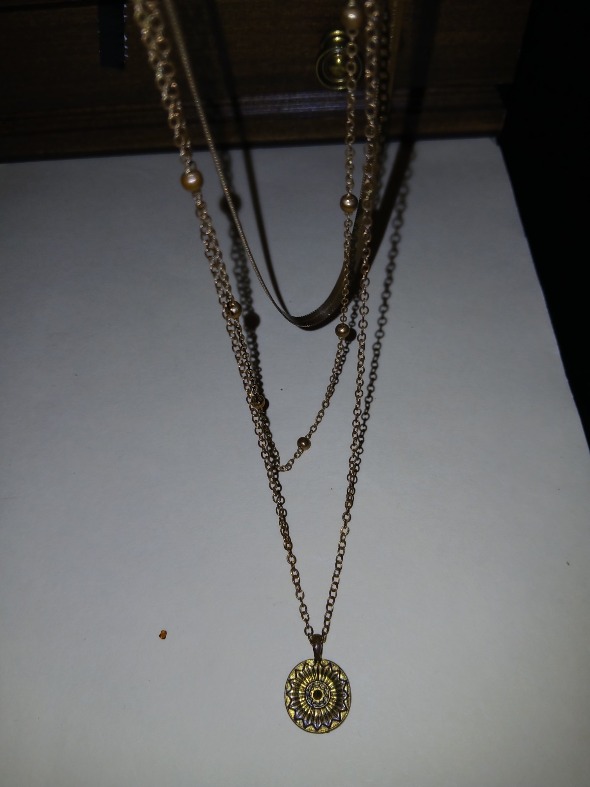 Gold Tone Layered Cable Chain Necklace Round Charm Pendant No Stone Metal