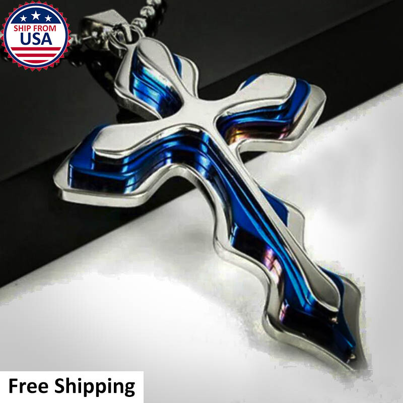 Cross Pendant Necklace Blue Stainless Steel Alloy Unisex Jesus Crucifix Chain
