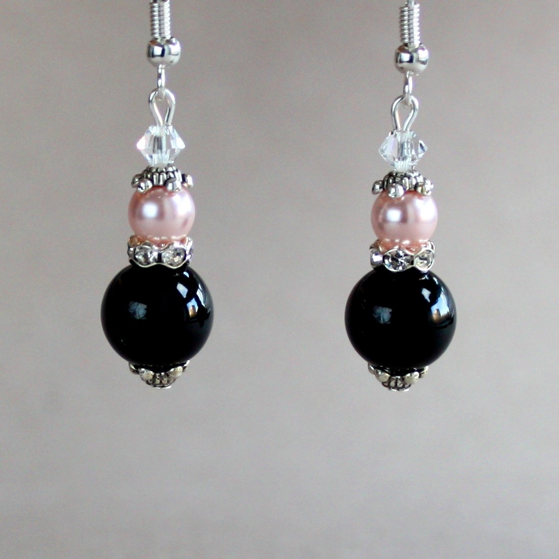 Black pink blush pearls rhinestones silver wedding bridesmaid bridal jewelry set
