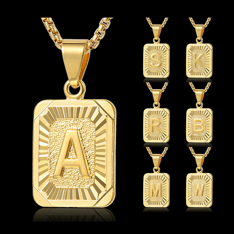 Yellow Gold Plated Stainless Steel Initial Letter A-Z Pendant Necklace Box Chain