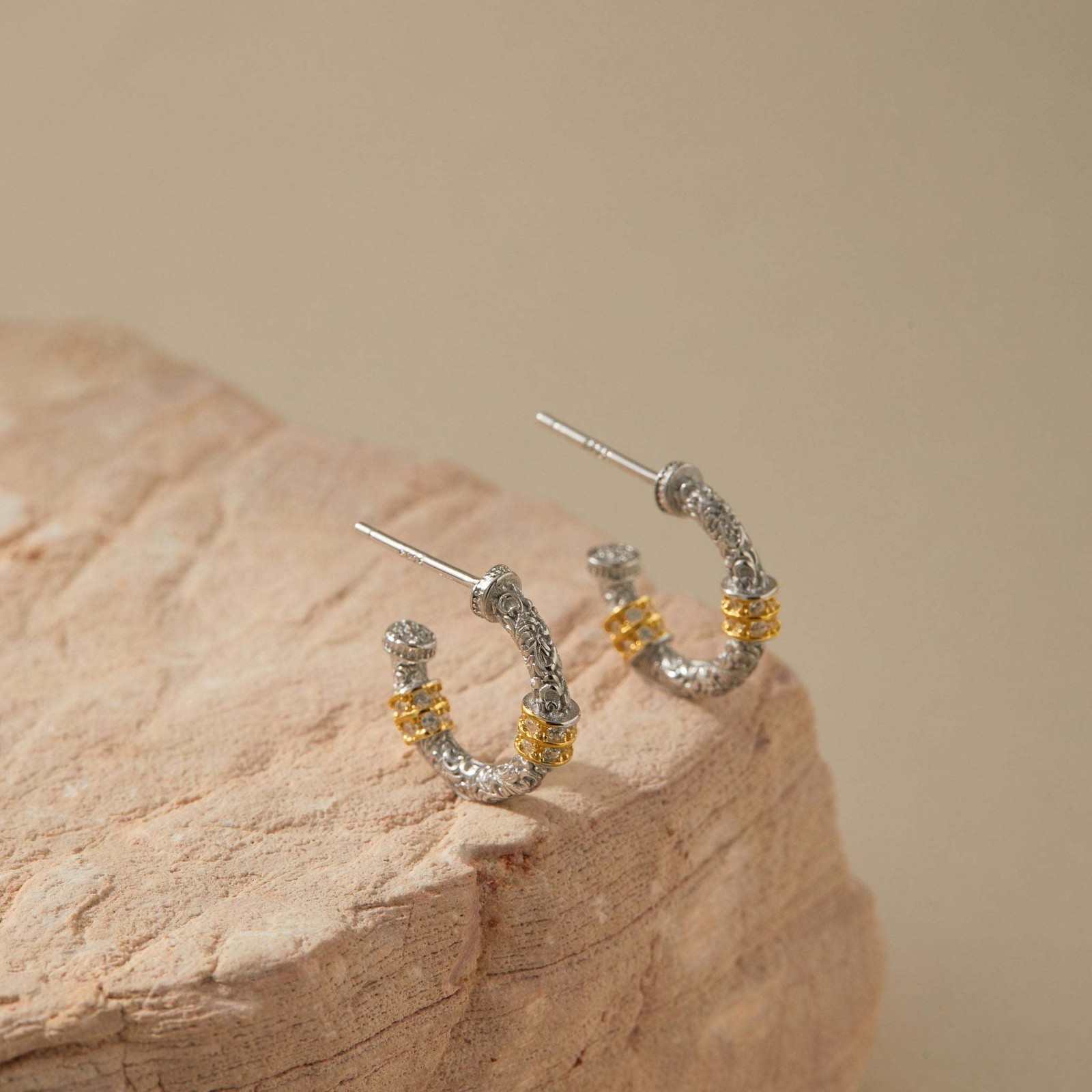 925 Sterling Silver Two Tone Gold Botanical Hoop Earrings Engraved Womens Gift