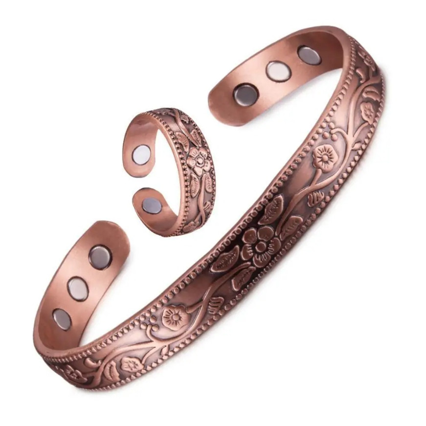 1pcs Retro Flower Magnetic Bracelet & Ring Set – Ancient Red Copper Jewelry