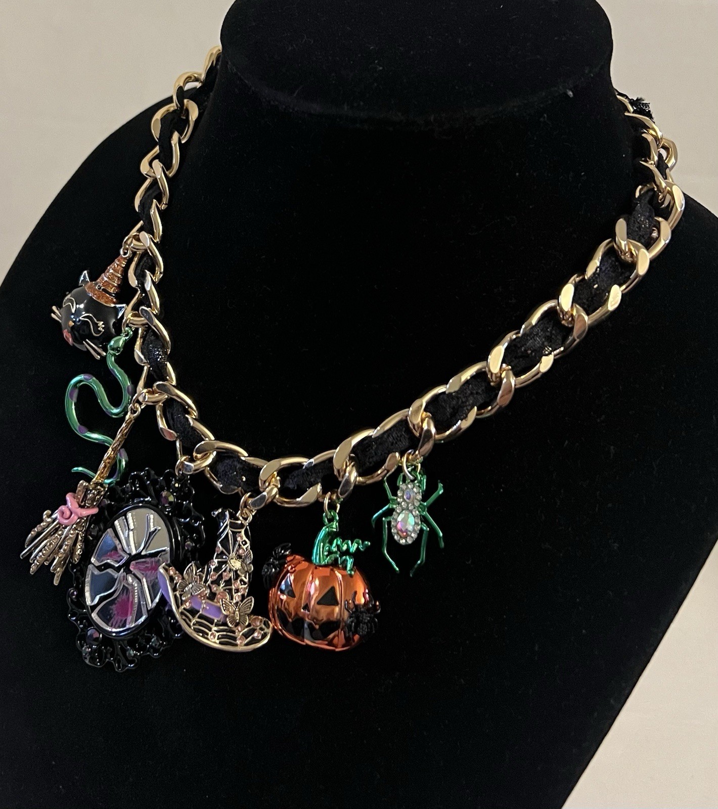 Betsey Johnson Necklace Halloween Pumpkin, Mirror, Cat, Witch Broom ,snake Charm