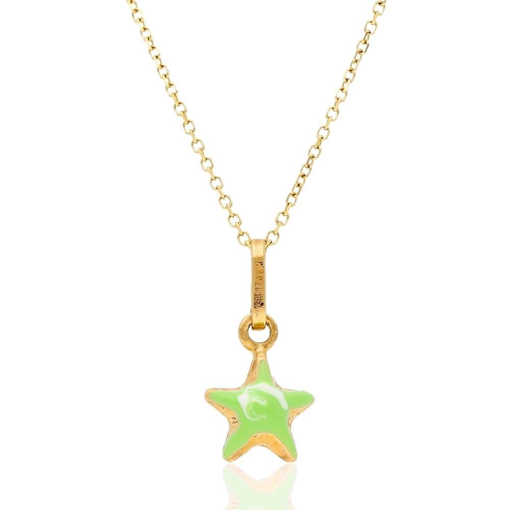 14k Yellow Gold Green Enamel Star Kid’s Pendant Cable Chain Necklace 18″