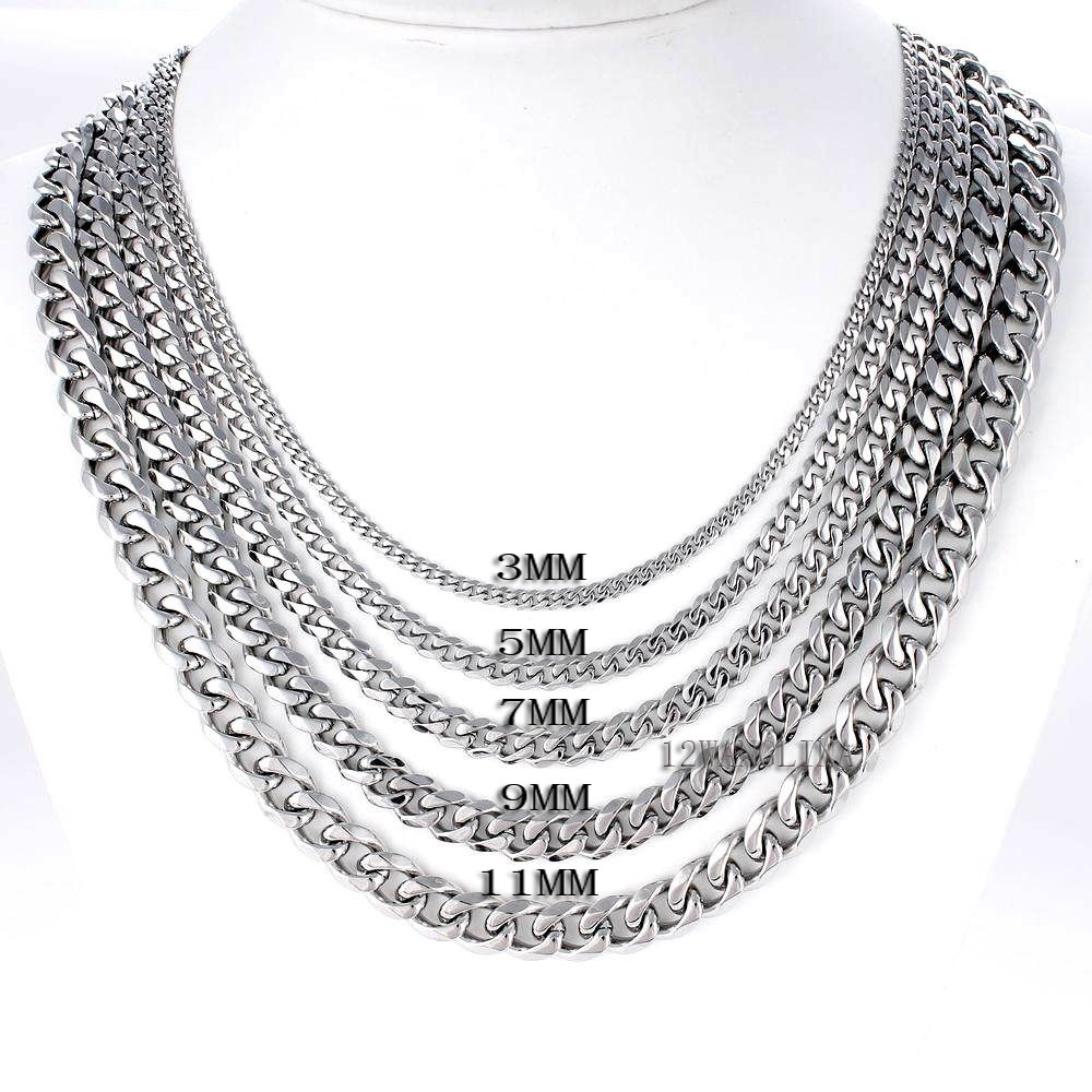 18-36” MEN Stainless Steel 3/5/7/9/11mm Silver Tone Cuban Curb Chain Necklace