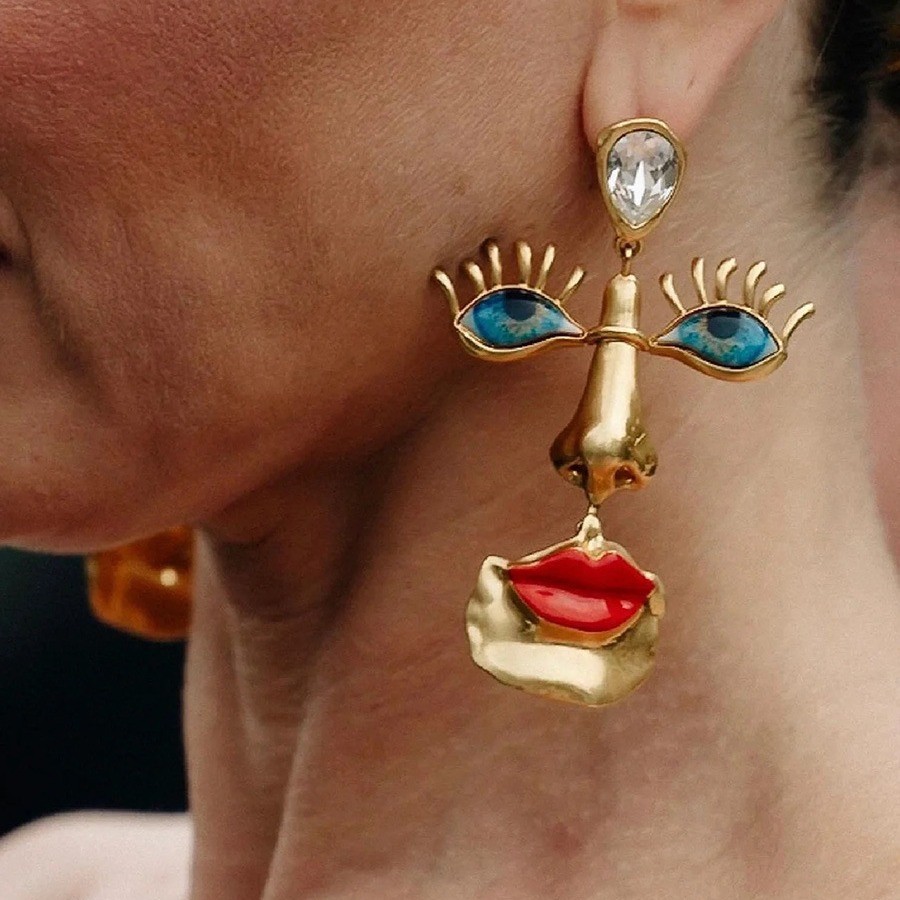 Surrealist Face Pendant Necklace Earring Set Vintage Art Jewelry Gift for Women