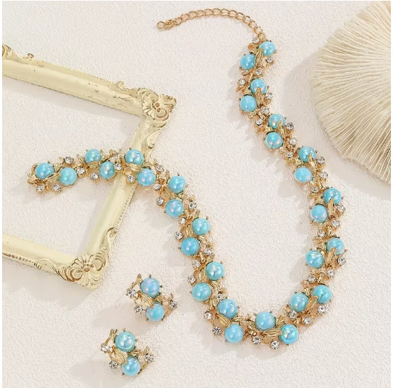 JEWELRY SET-Elegant Blue Flower Gold Tone Necklace Set with Rhinestone Accents