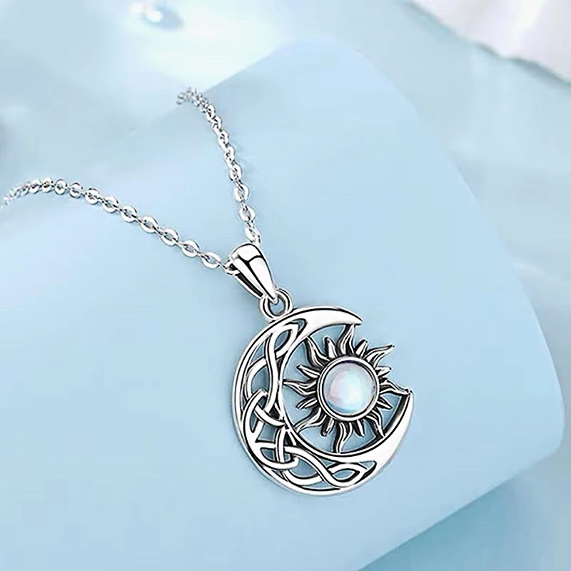 Silver Tone Crescent Moon & Sun Charm Pendant Necklace, Cable Chain Metal