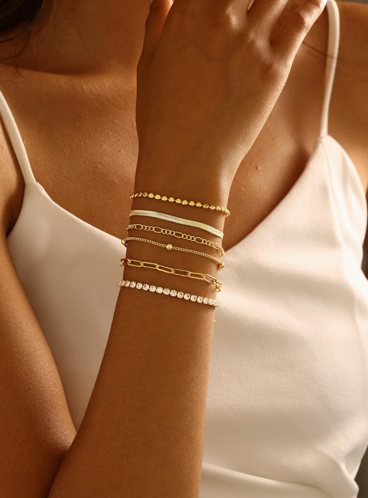 6PCS Gold & Silver Stackable Bracelets Set for Women – Dainty Tennis, Diamond, H