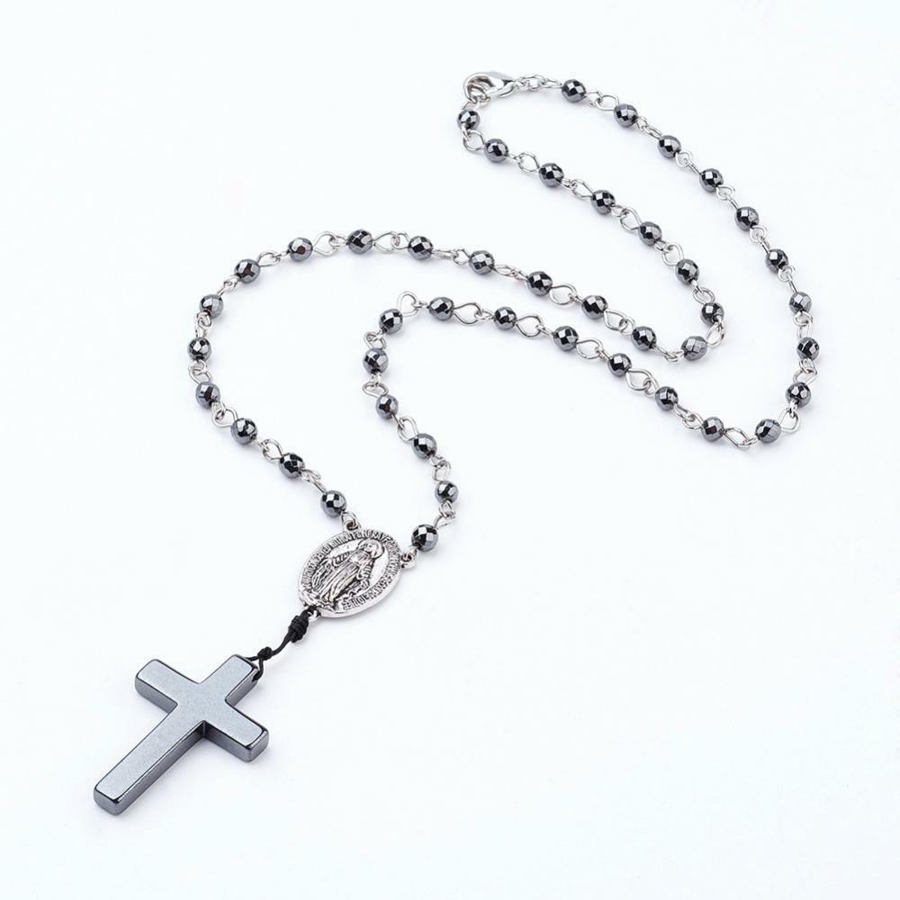 Non-magnetic Hematite Pendant Necklace Rosary Cross Virgin 20″ Z505